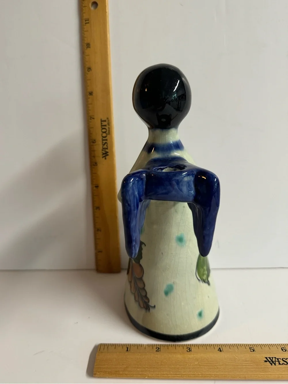 Vintage 1960s CAT Signed Tonala Pottery Angel Candle Holder.Gray + Blue Folk Art